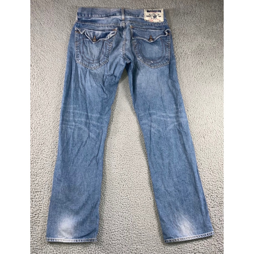 Vtg True Religion Slim Straight Jeans Men 34 Blue Flap Pocket Whiskered USA Made